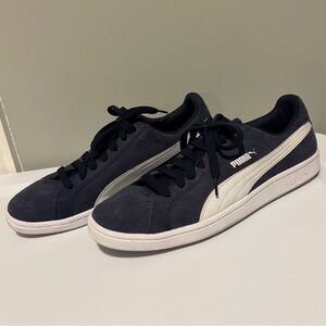 PUMA Mens Blue & White Classic Suede Leather Smash V2 Shoes Sneakers, Sz 11.5